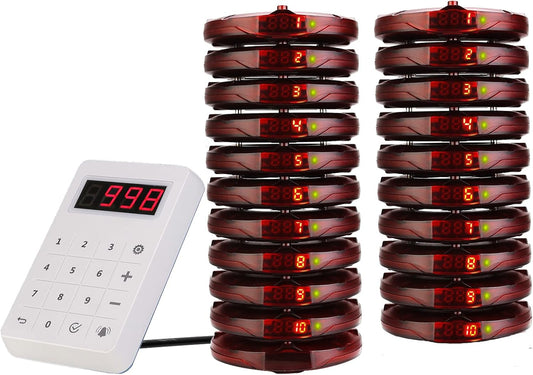 Retekess TD158 Pager System, Mini Call System Pager, Outdoor 500M, LED Ear Display, 4 Call Modes(1 Keyboard Transmitter + 20 Pagers) - QUORE