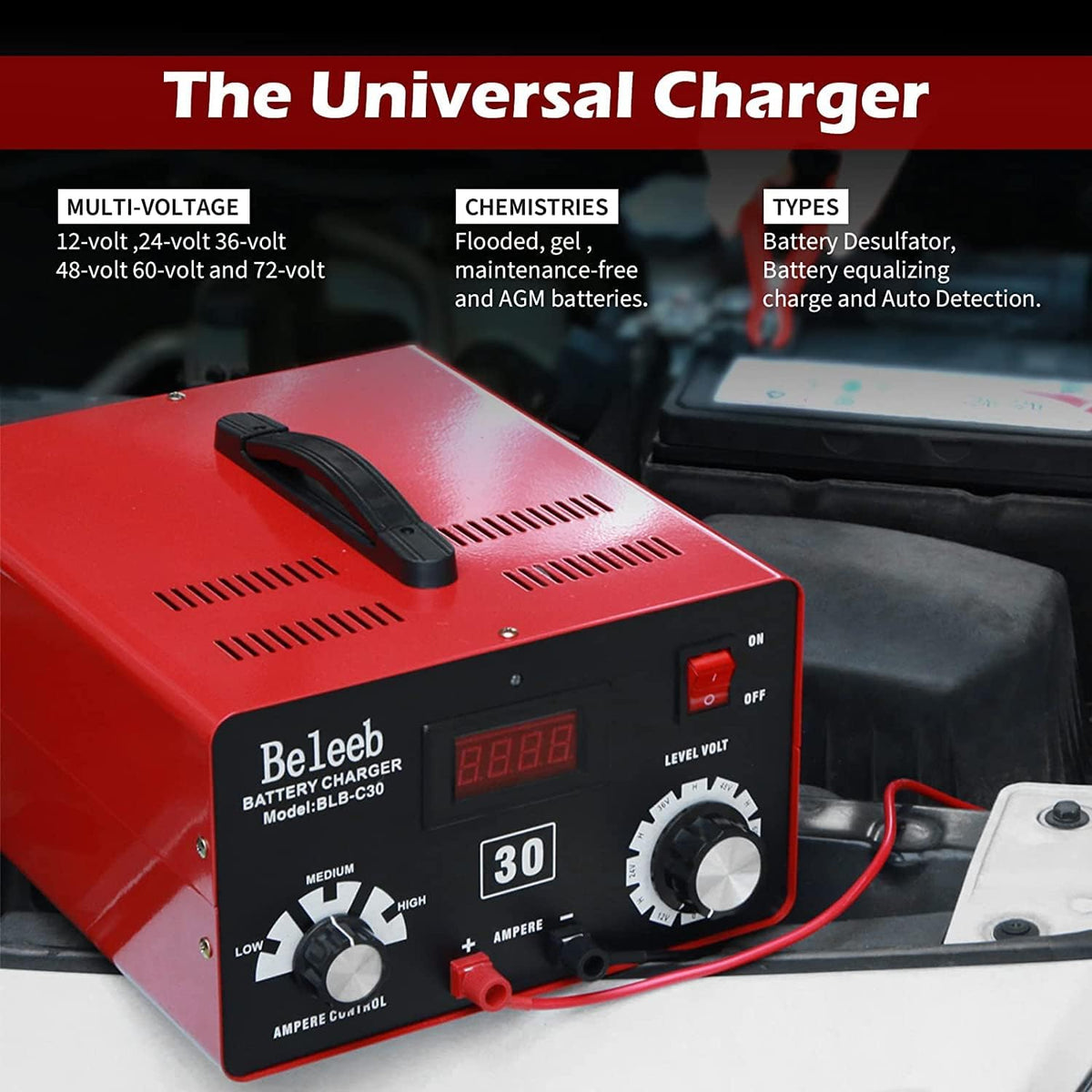 Batterijlader – Acculader – Accu Oplader – Batterij Onderhouder – Universele Oplader – 12V tot 72V – Hoogspanning Pulsfunctie – Batterij Desulfator