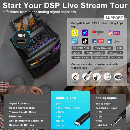 DSP Bluetooth karaoke-machine met 2 microfoonluidsprekers, 600 W 10 inch subwoofer PA-installatie, live streaming/geluidseffects/DJ Lights/FM-radio voor YouTube, Tiktok GTSK10-1