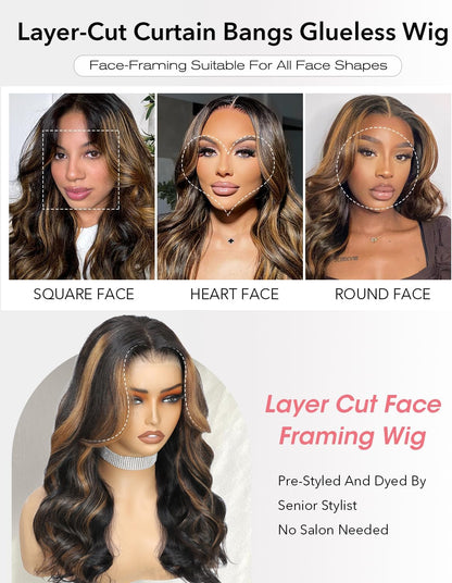 Gelaagde Curtain Bangs Pruik van Echt Haar 1B/30 Zwart-Bruin – Lijmloze Pruik – Lace Front Pruik – Menselijk Haar Pruik – Body Wave Pruik – 6x6 HD Lace – 200% Dichtheid