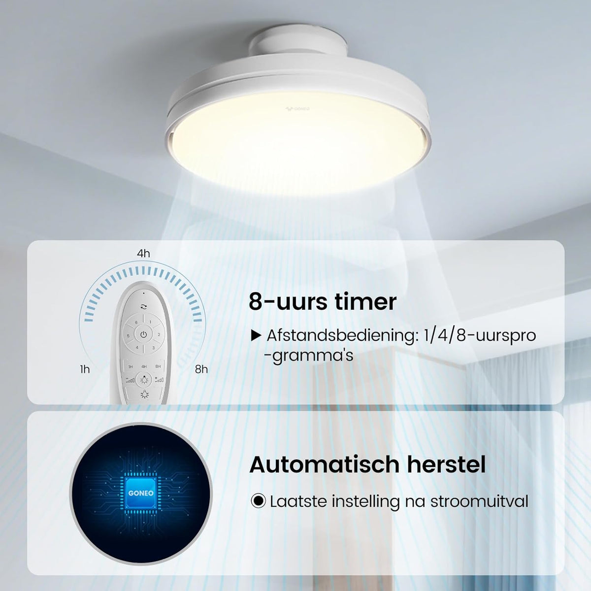 GONEO Bladloze stille plafondventilator met licht en afstandsbediening, ventilator, led-plafondlamp met 60 W, dimbaar, 6 snelheden, DC 3 kleurtemperaturen, timer Ra≥ 97, geheugen voor slaapkamer