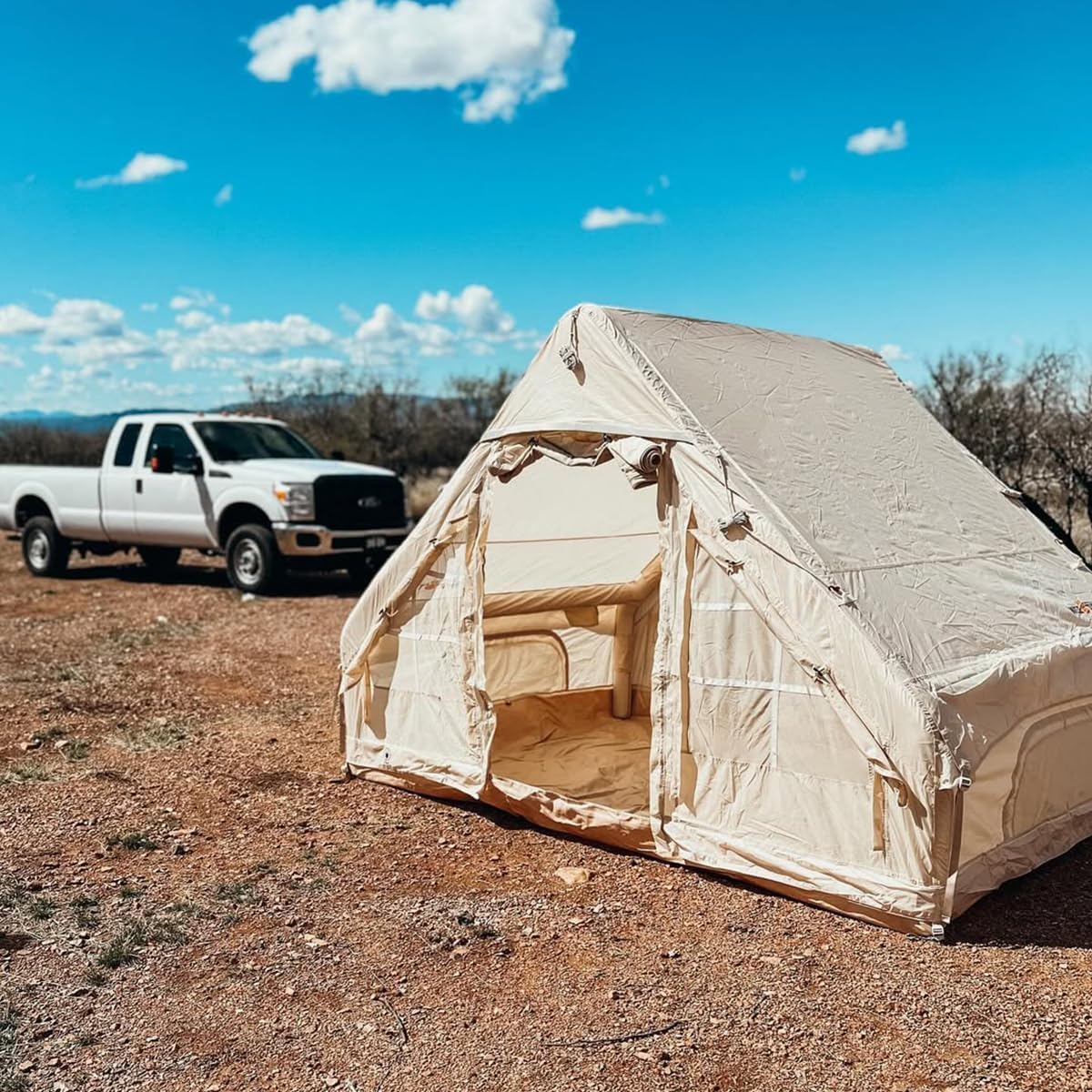 Opblaasbare tent, eenvoudige opbouw, campingtent, pop-up outdoortent met handpomp voor 3-5 personen, 300D Oxford, 4-seizoenen, water- en winddicht, met mesh-ramen, voor vrienden, familie, reizen