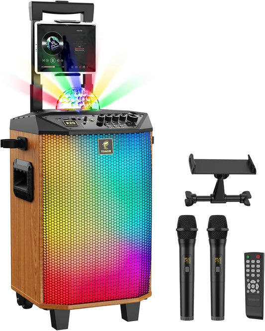 Karaokemachine Voor Volwassenen Bruin – Karaoke Installatie – Bluetooth Luidspreker – PA-Systeem – Partybox – 2 Draadloze Microfoons – LED Discobal En Bluetooth 5.0
