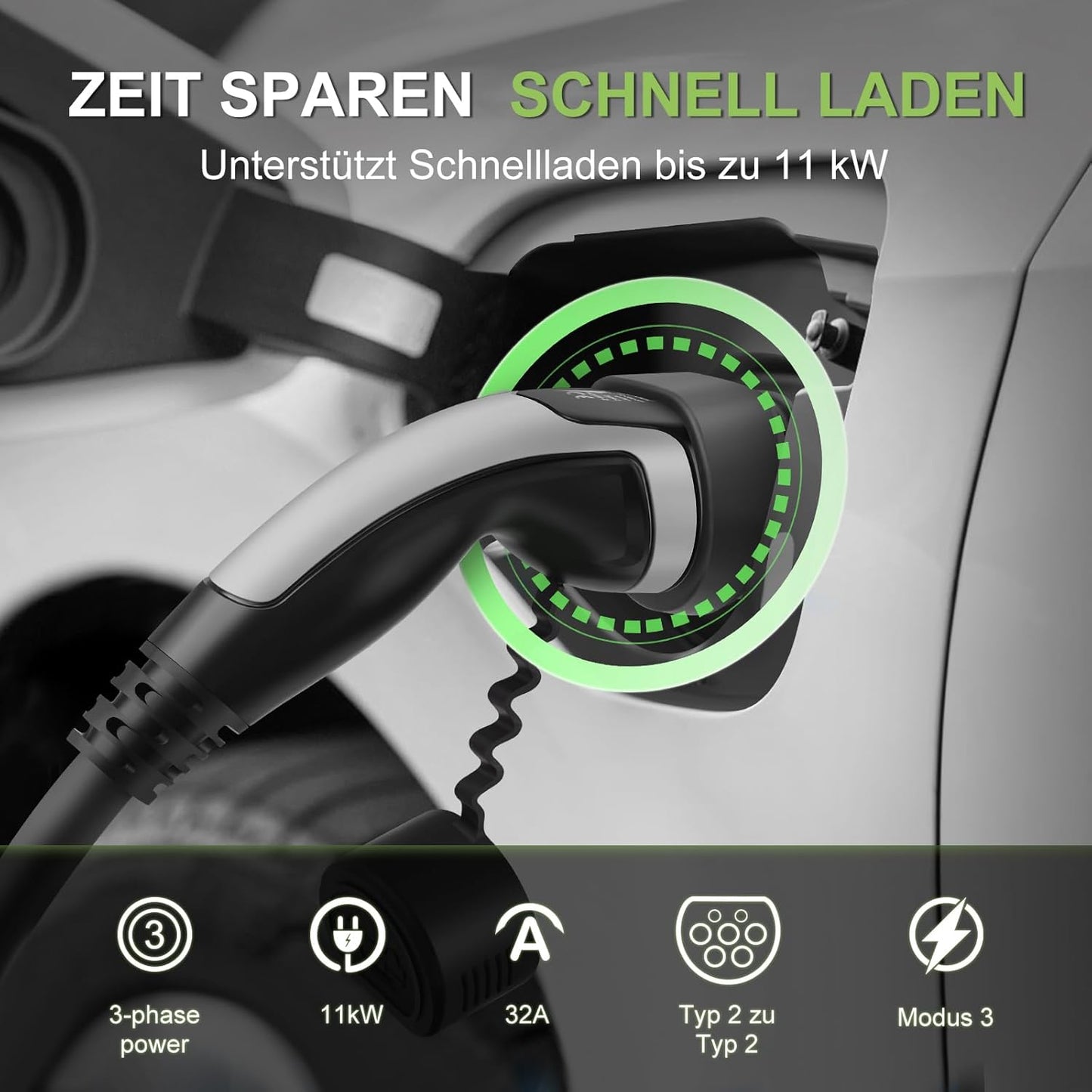 11 kW Type 2 Oplaadkabel – EV-kabel – Laadkabel Elektrische Auto – Mennekes Oplader – 3-fasen 16A Kabel – 7,5 Meter Spiraalkabel – Vuurvast TPU Materiaal – IP55 Waterdicht