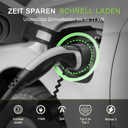11 kW Type 2 Oplaadkabel – EV-kabel – Laadkabel Elektrische Auto – Mennekes Oplader – 3-fasen 16A Kabel – 7,5 Meter Spiraalkabel – Vuurvast TPU Materiaal – IP55 Waterdicht