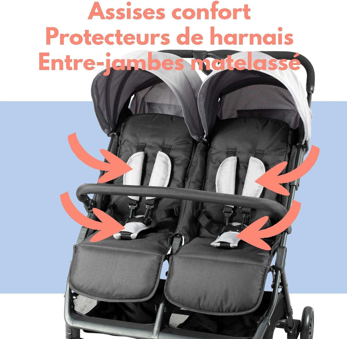 Bambisol Dubbele kinderwagen naast elkaar, ideaal voor tweelingen vanaf de geboorte, met ultracompacte vouwing, kleur: zwart en grijs