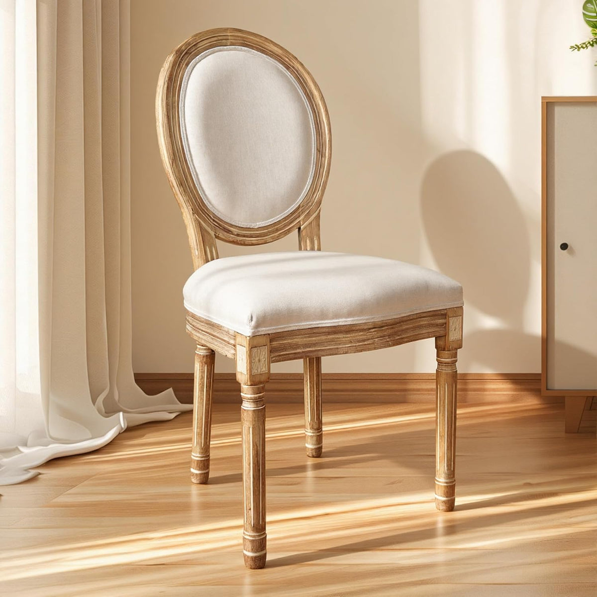 Retro Eetkamerstoelen, set van 2, keukenstoelen met klassieke ovale rugleuning, linnenlook en massief hout, dikke gestoffeerde stoel voor eetkamer, werkkamer, woonkamer, krijtwit