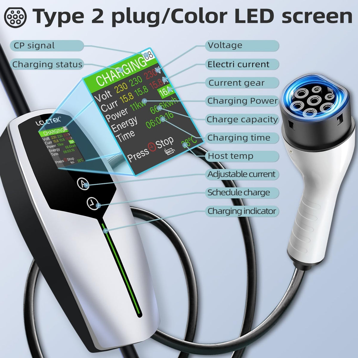 Mobile EV Wallbox/laadstation 11KW type 2 oplaadkabel [3-fasig|8~16A], draagbare auto EV oplader oplaadkabel type 2 met LED-display, tijdfunctie en IP65 waterdicht, voor EV PHEV IEC (6 m)