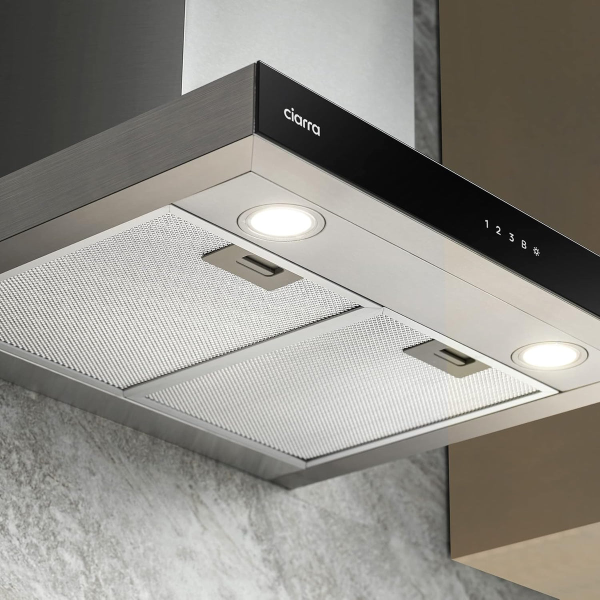 CIARRA CBCS6102 A+++ Afzuigkap 60cm 650 m³/h - Touch Control en Wifi - 4 Snelheden met Booster,afvoerstand en recirculatie afzuigkap met koolstoffilter CBCF003 - Roestvrij Staal