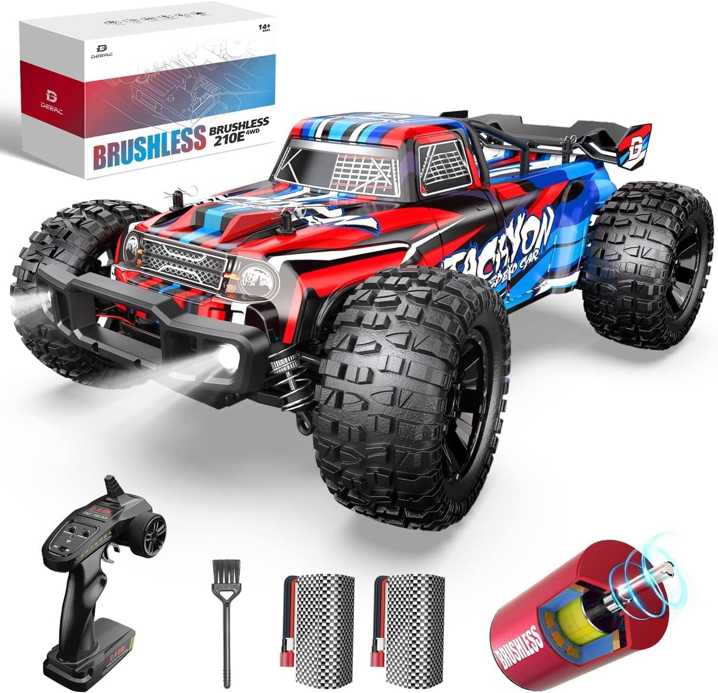 DEERC Op afstand bestuurde auto, schaal 1:10, snelle borstelloos, voor volwassenen, 4WD 60+ km/u, hoge snelheid, 2,4 GHz, off-road RC crawler, 40+ minuten speeltijd, cadeau voor jongens (210E)