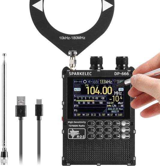 Raddy DP-666 DSP Wereldbandradio TEF6686 Chip, Professionele AM/FM/LW/MW/SW RDS Ontvanger, 2,8" Touchscreen + Stylus, 5000mAh Batterij, Telescoop- & Donut-antenne, Draagbaar met FW-update