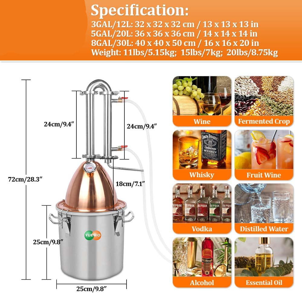 Alambiek – Distilleerketel – Stookketel – Moonshine Ketel – Thuisbrouwpakket – 10 Liter Inhoud – Roestvrij Staal Met Koperen Koepel - QUORE