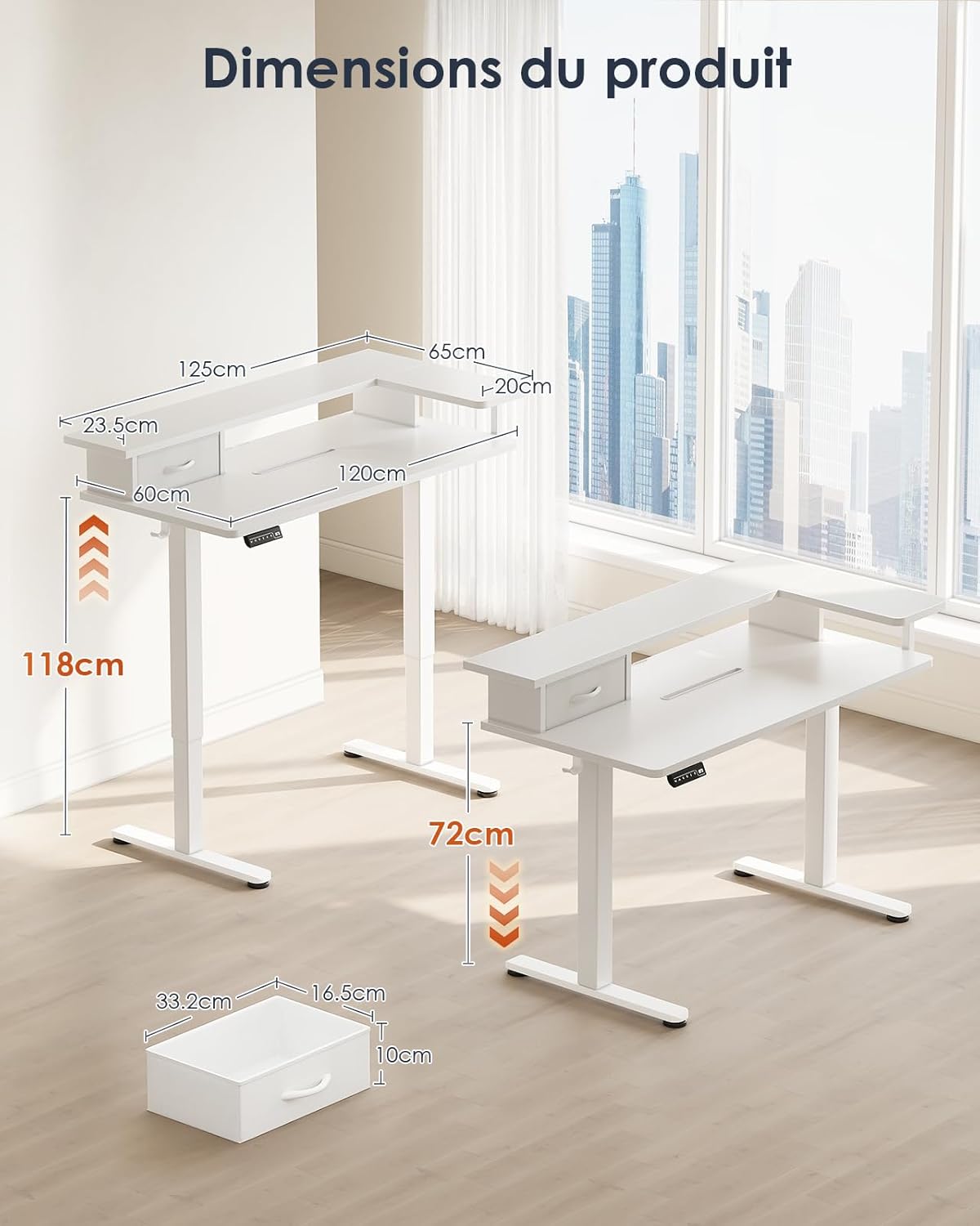 OffiGo Height Adjustable Desk, One-Piece Tabletop, 120x60 Electric Desk with L Monitor Holder, Standing Desk with Drawer, Standing Desk with USB, Ergonomic Computer Desk, White - QUORE