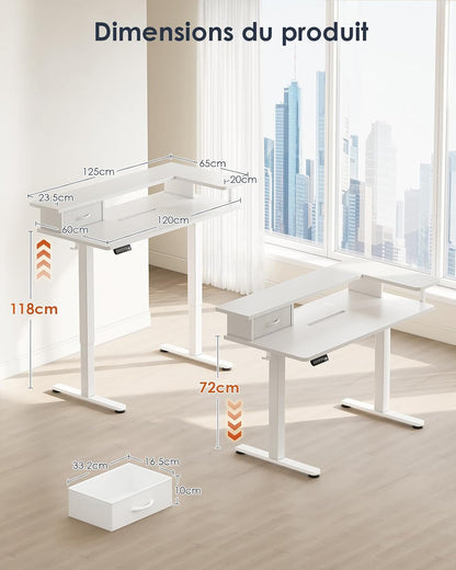 OffiGo Height Adjustable Desk, One-Piece Tabletop, 120x60 Electric Desk with L Monitor Holder, Standing Desk with Drawer, Standing Desk with USB, Ergonomic Computer Desk, White - QUORE