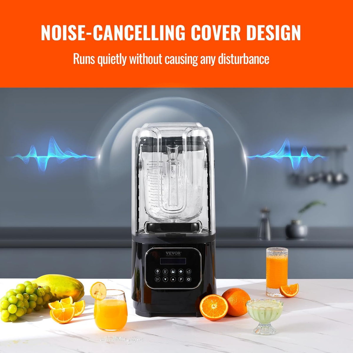 VEVOR Professionele blender met bescherming, gecombineerd met 2 l glazen kruik, roestvrij staal, 9 snelheden en 5 functies, voor smoothies, zwart, 280 x 240 x 505 mm
