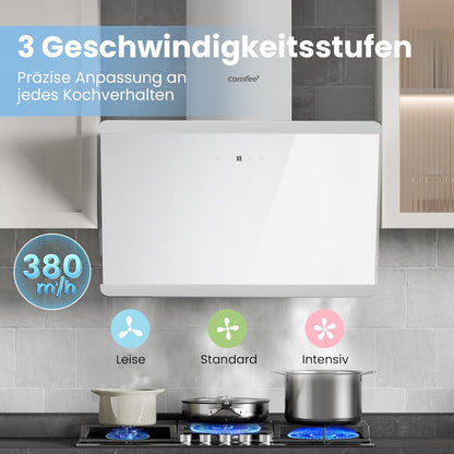 COMFEE CH60J64ET4A2W A++ afzuigkap 60 cm, afzuigkap 60 cm convectie en afvoerlucht, 380 m³/h luchtstroom, roestvrij staal/glazen design met touchscreen, led, afzuigkap incl. koolstoffilter, wit