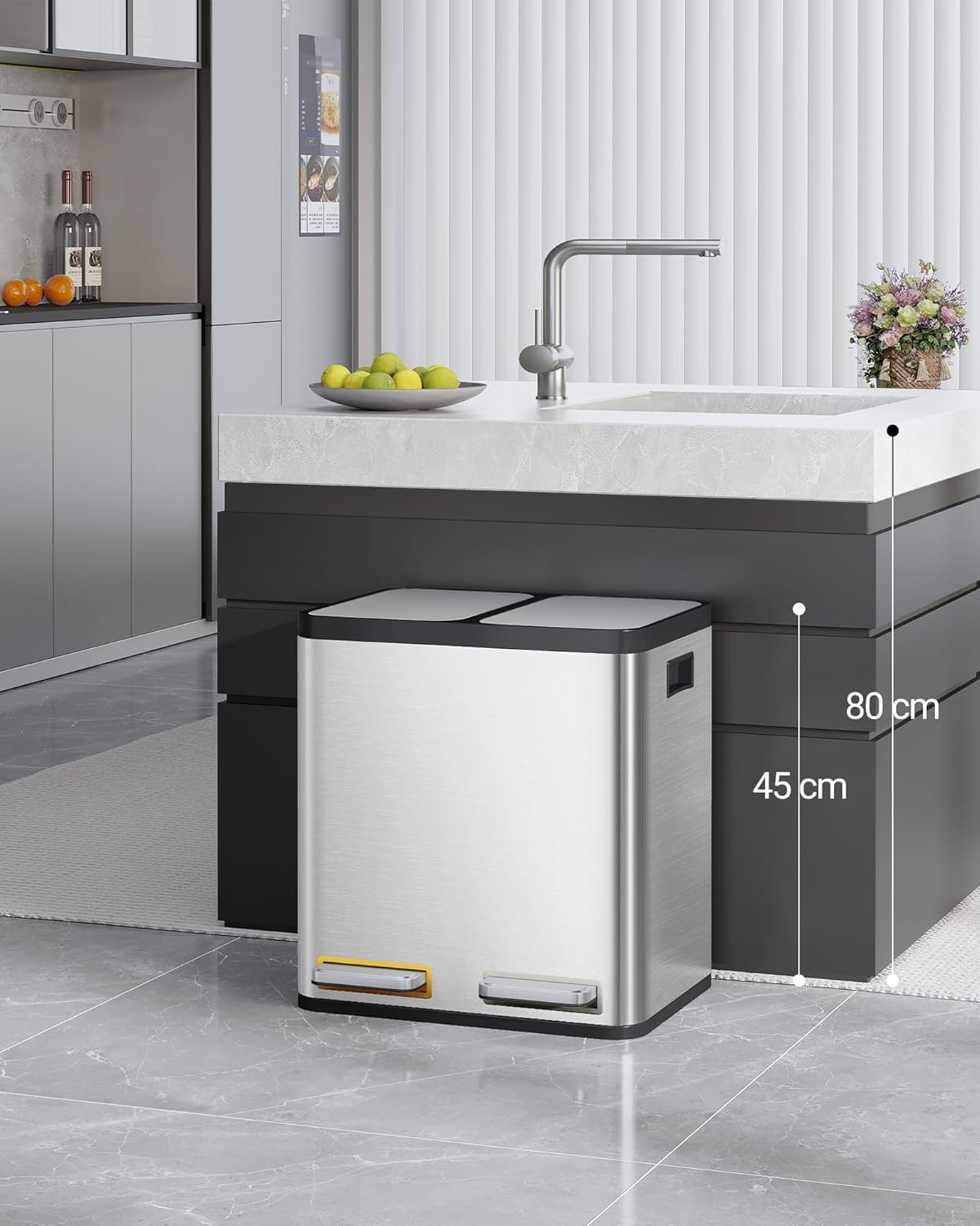 Hzuaneri Trash Bin, Kitchen Pedal Bin (2 x 15 L), Stainless Steel Waste Sorting System with Coloured Pedal, Removable Inner, Suitable for Kitchens, Silent Slow Closure of Lid, Silver