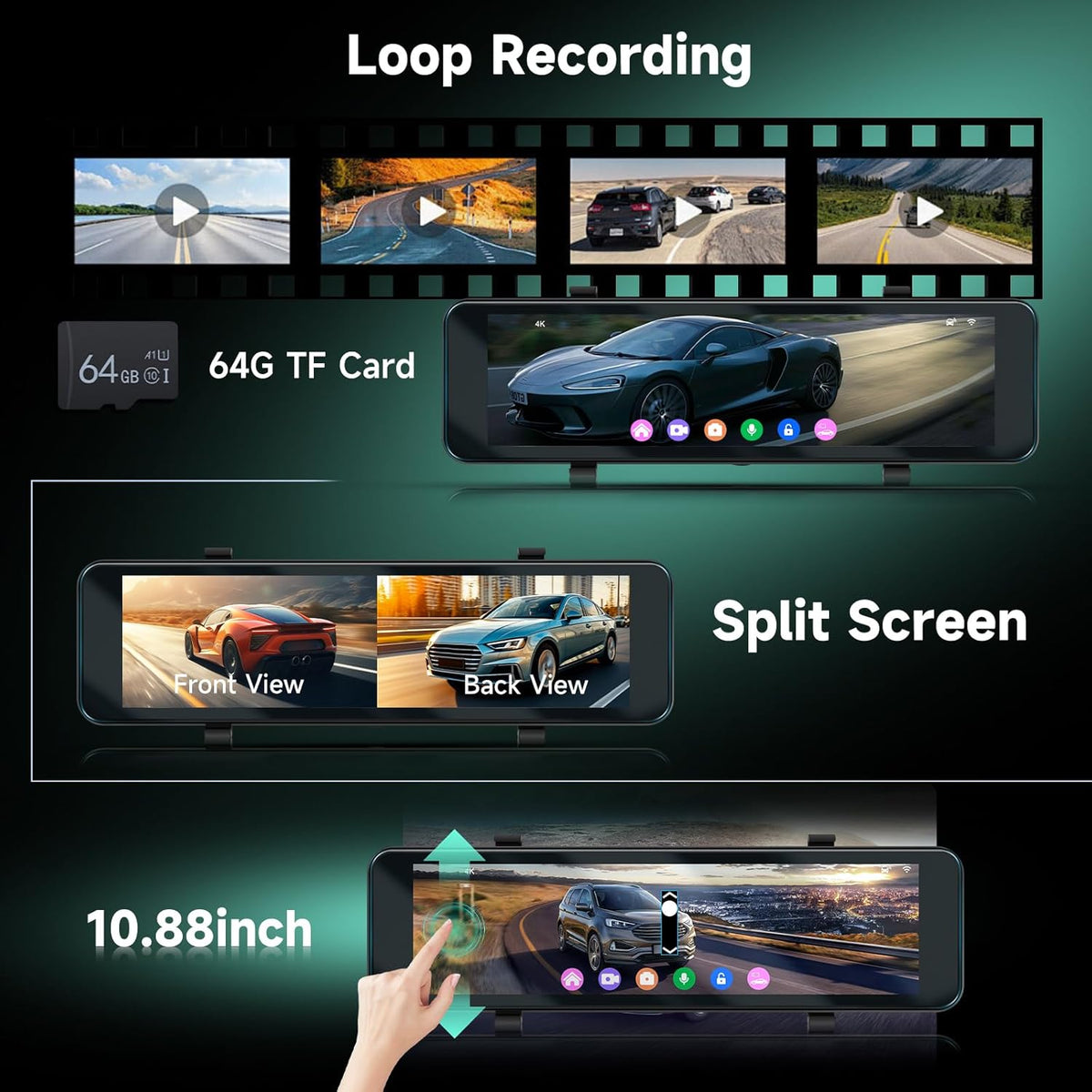 Spiegel-Dashcam – Achteruitkijkspiegel Dashcam, Spiegel Dashcam, Autocamera, Achteruitrijcamera – 10,88 Inch Touchscreen – 4K Voorcamera + 1080p Achtercamera