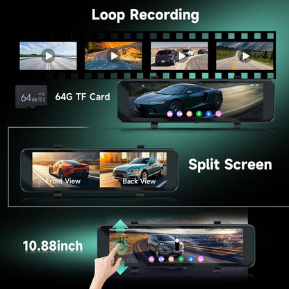 Spiegel-Dashcam – Achteruitkijkspiegel Dashcam, Spiegel Dashcam, Autocamera, Achteruitrijcamera – 10,88 Inch Touchscreen – 4K Voorcamera + 1080p Achtercamera