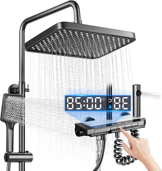 Douchekolom – Doucheset – Douchepaneel – Douchekraan – Douchesysteem – Verstelbare Kolom 80-120 cm – Digitale LED Temperatuurweergave – Grote Regendouchekop 31x21 cm