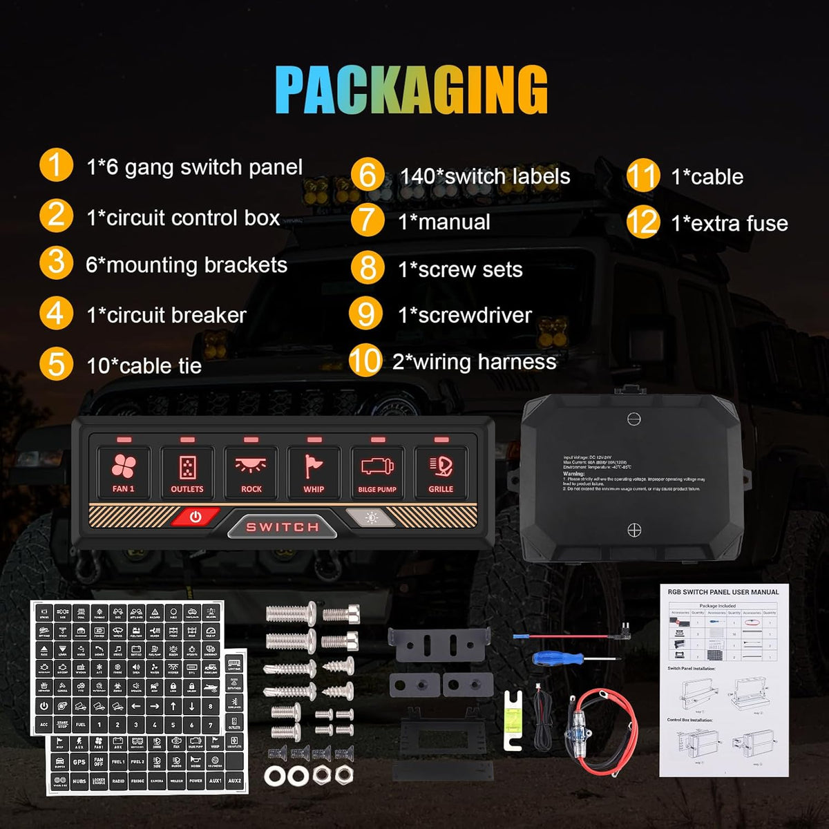 Chelhead 12 V/24 V schakelpaneel, RGB, 6-voudig dimbaar, multifunctioneel programmeerbaar schakelpaneel, accessoires, batterijbesturing, waterdicht, compatibel met vrachtwagen, boot, SUV, camper