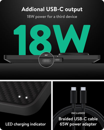 Mous - Dual Charging Station met Qi2 tot 15W snel opladen - MagSafe oplader compatibel met iPhone 16/15/14/13/12 serie en Airpods - USB-C kabel - Aramide Fibre