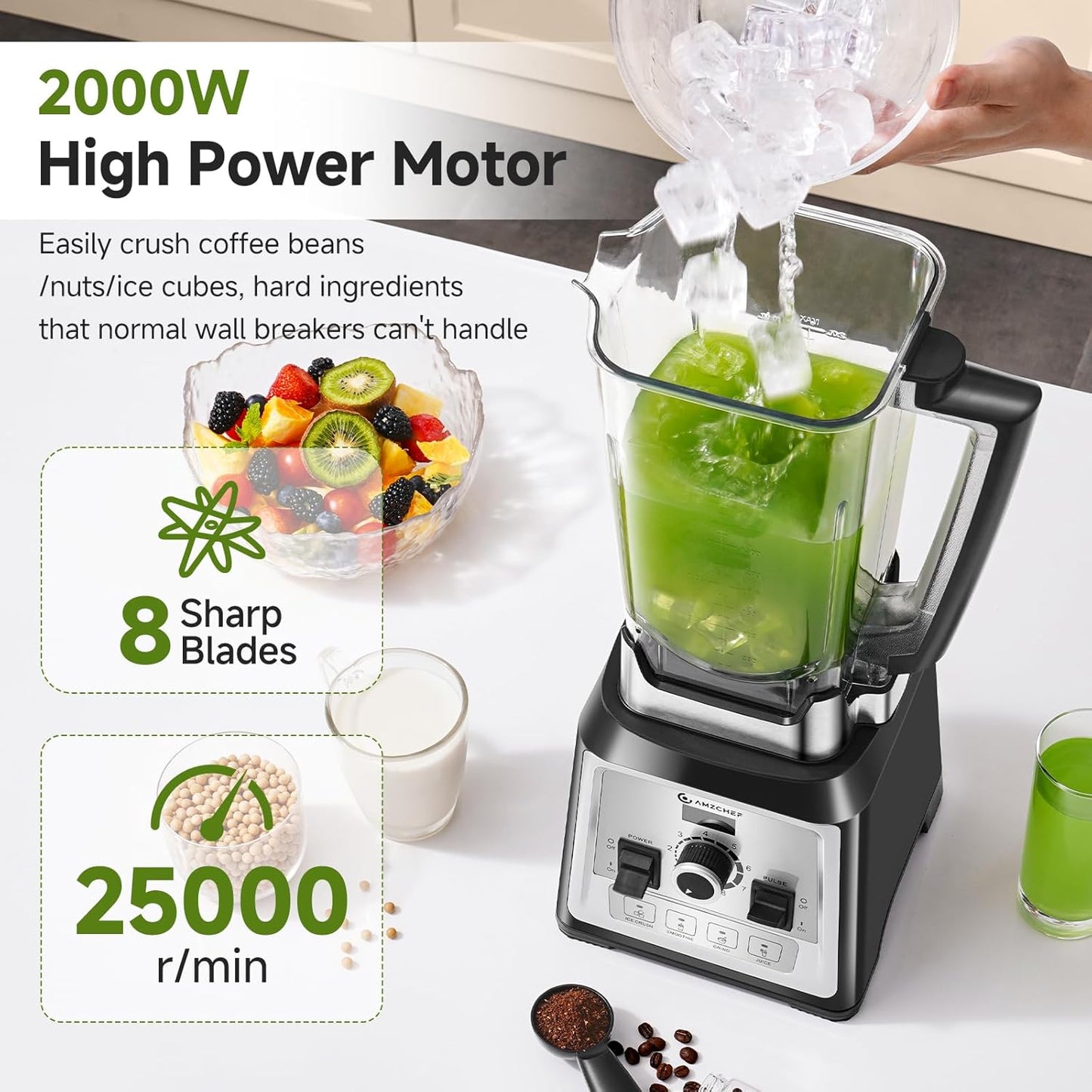 AMZCHEF Blender, 2000 watt, 2 liter, krachtige blender, blender met 8 instelbare snelheden en 4 voorprogramma's voor crushed ijs, smoothiemaker, vleesmixer, BPA-vrij
