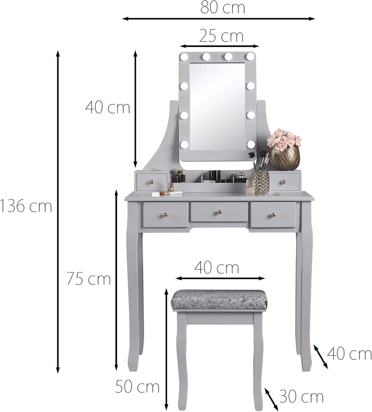 Grey Dressing Table with Hollywood Lamps Mirror Drawers and Padded Stool Set - QUORE