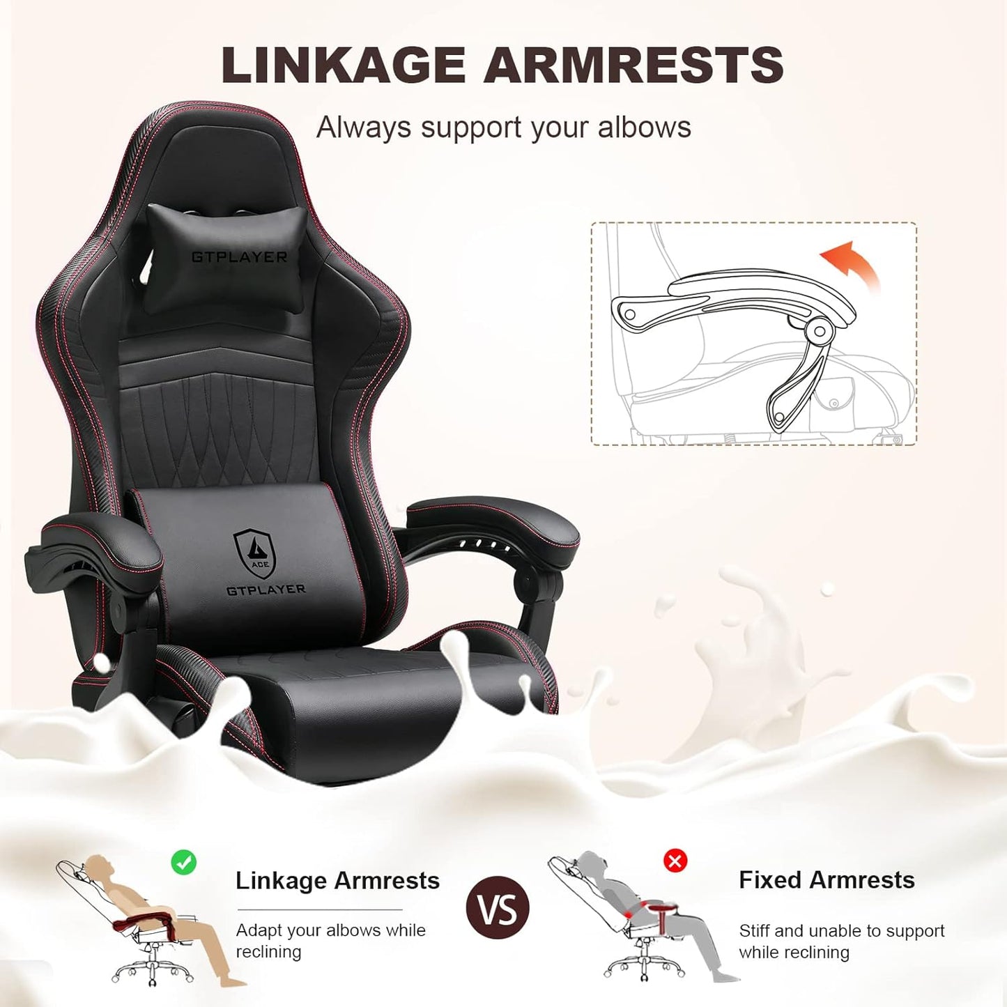 GTPLAYER Ergonomic Gaming Chair, Office Chair, Racing Chair with Footrest and Speakers, Load Capacity up to 150 kg, Black-Red - QUORE