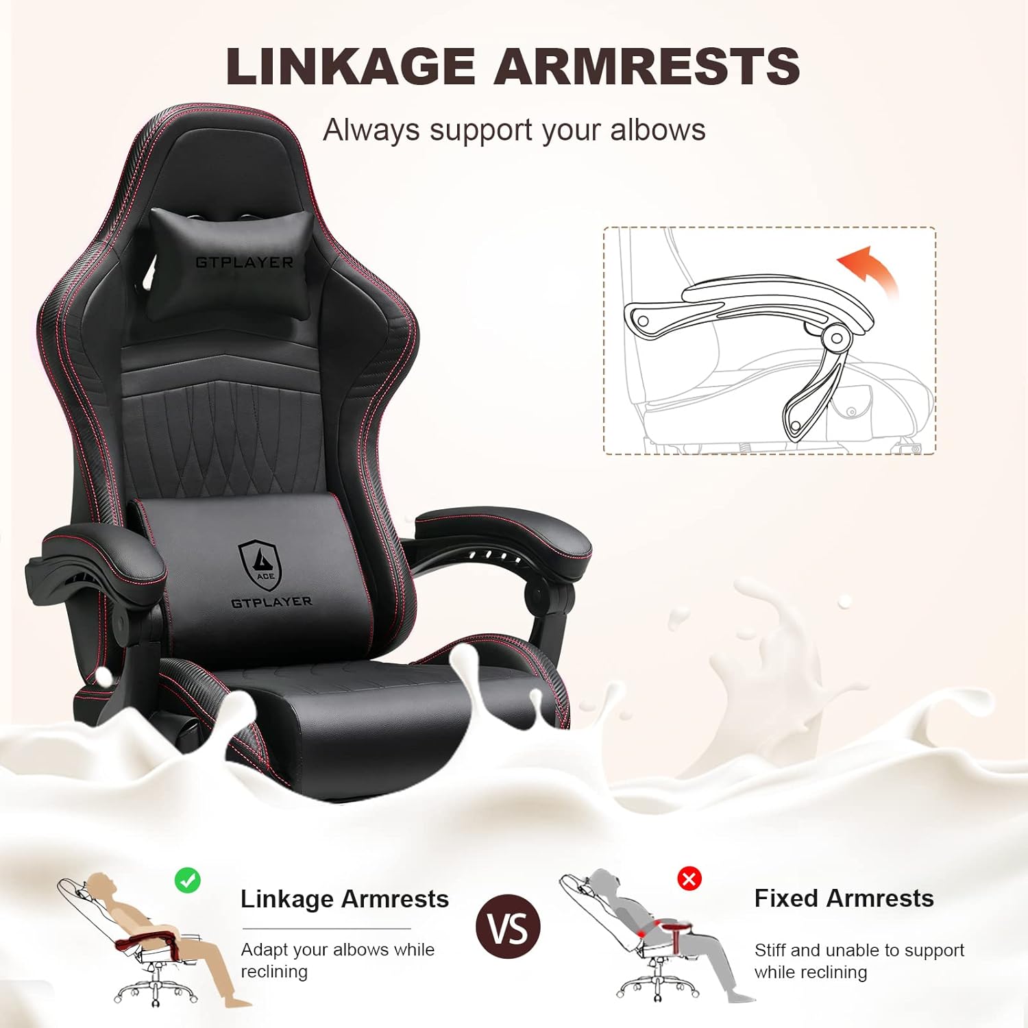 GTPLAYER Ergonomic Gaming Chair, Office Chair, Racing Chair with Footrest and Speakers, Load Capacity up to 150 kg, Black-Red - QUORE