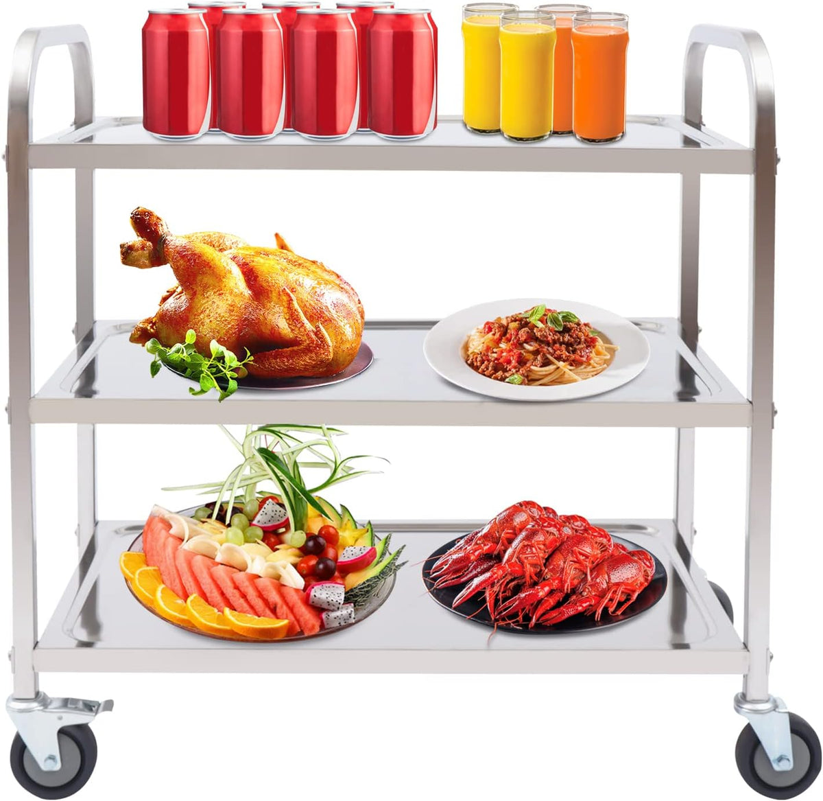 Stainless Steel Serving Trolley, 3 Shelves, Kitchen Trolley, Countersunk Trolley 4 360° Rotatable Welding Wheels (2 x Brakeable), Roll Shelf, 25 kg Load Capacity Suitable for Dining Room, Kitchen (75 - QUORE