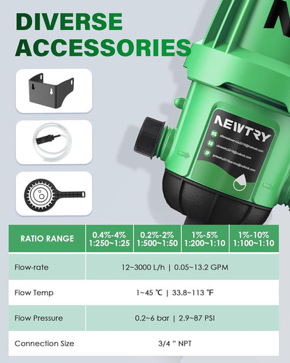 NEWTRY Mestinjector voor druppelirrigatie, 0,4 ~ 4% instelbare doseerpomp, 3/4 inch NPT wateraangedreven vloeistofdoseerder voor tuin, irrigatie en hydrocultuur systeem, boerderij