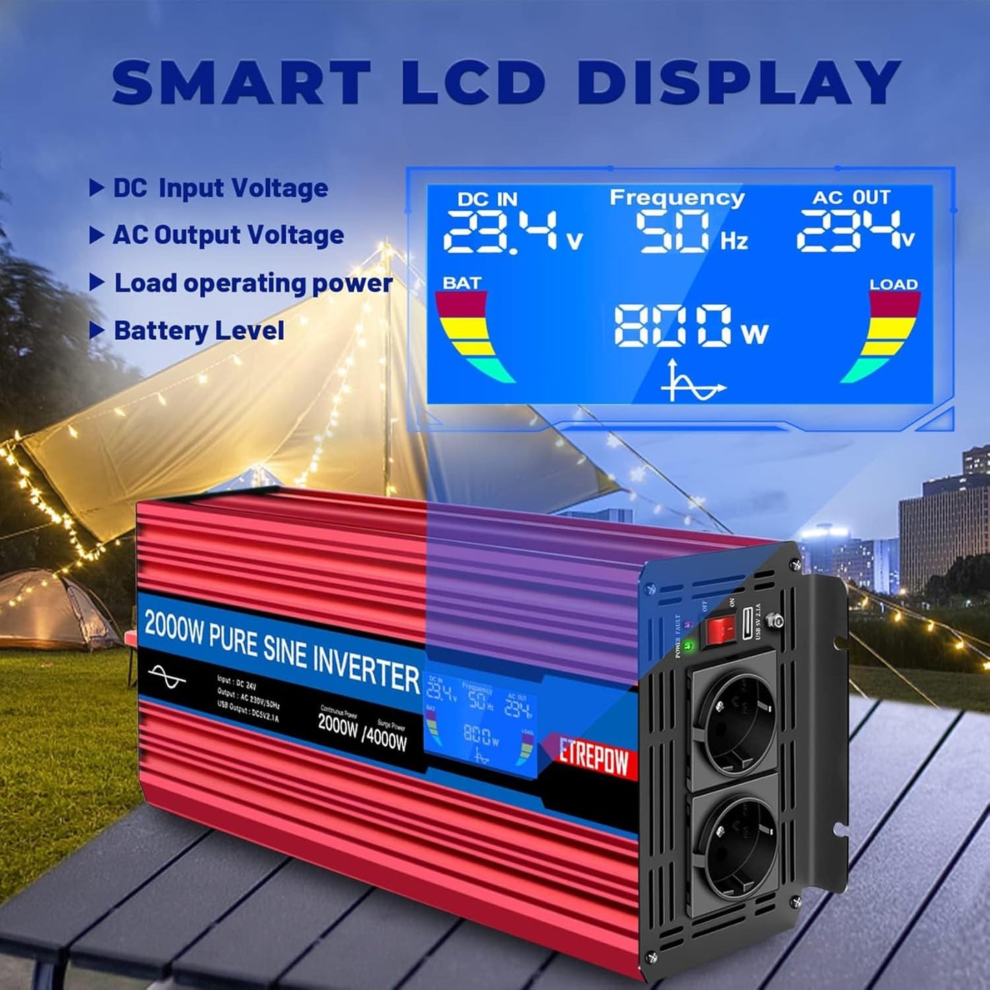 Omvormer 2000W/4000W 24V naar 230V Pure Sinus Volt ETREPOW Auto spanningsomvormer Omvormer Converter Pure Sine Wave Power Inverter DC AC omvormer (Draadloze afstandsbediening, display)