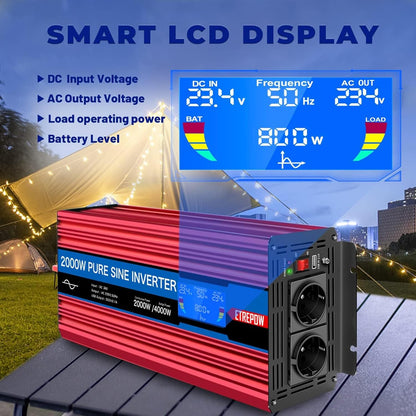 Omvormer 2000W/4000W 24V naar 230V Pure Sinus Volt ETREPOW Auto spanningsomvormer Omvormer Converter Pure Sine Wave Power Inverter DC AC omvormer (Draadloze afstandsbediening, display)