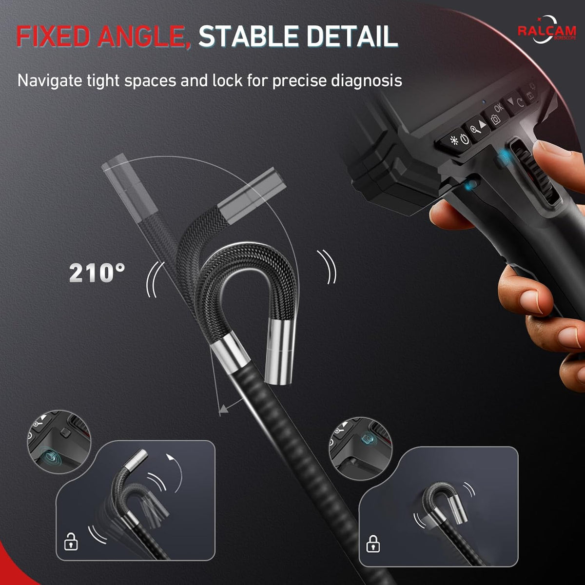 Ralcam Endoscoopcamera met licht, endoscoopcamera met 210° beweegbare kop, 6,2 mm sonde, 5 inch HD-scherm, IP67-inspectiecamera, 1,5 m elastische slangenbuis, buiscamera voor auto en huis