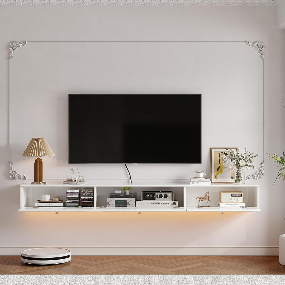 Retro drijvende tv-console met 3 deuren, 47" hoogglans drijvende tv-standaard, wandgemonteerde tv-kast, hedendaagse drijvende mediaconsole voor onder tv-opslag, woonkamer, slaapkamer (wit)