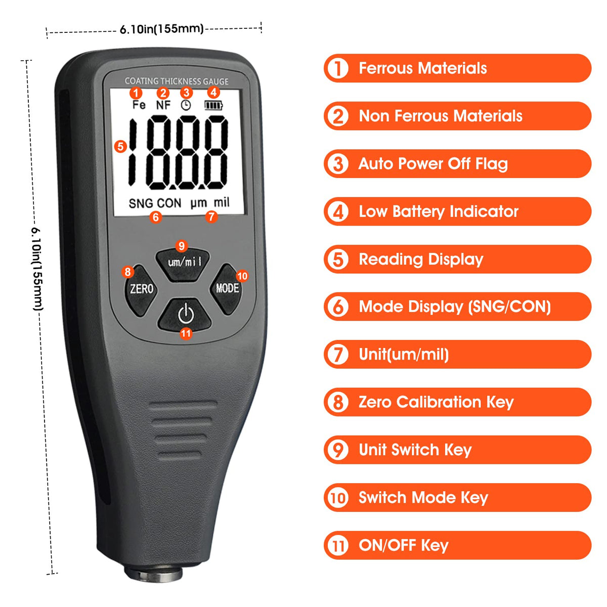 Laagdiktemeter digitale lakdiktemeter met sensor voor automatische Fe-NF-meting meetbereik 0-1500 um (0-59,1 mil) Automotive Car Paint Depth Gauge Test LCD achtergrondverlichting