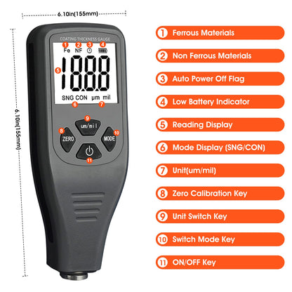 Laagdiktemeter digitale lakdiktemeter met sensor voor automatische Fe-NF-meting meetbereik 0-1500 um (0-59,1 mil) Automotive Car Paint Depth Gauge Test LCD achtergrondverlichting