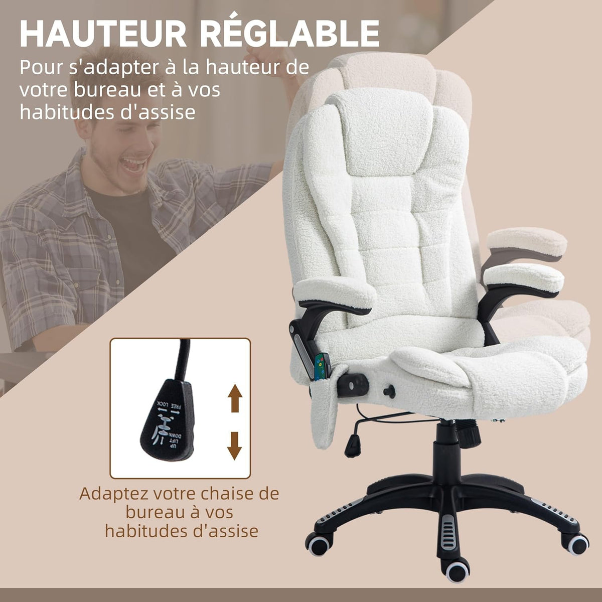 Massage- En Verwarmde Bureaustoel – Bureaustoel – Ergonomische Stoel – Kantoormeubel – Werkstoel – Verstelbare Hoogte en Rugleuning – Ingebouwde Massage- En Verwarmingsfunctie – 360° Draaibaar – Polyesterstof Wit