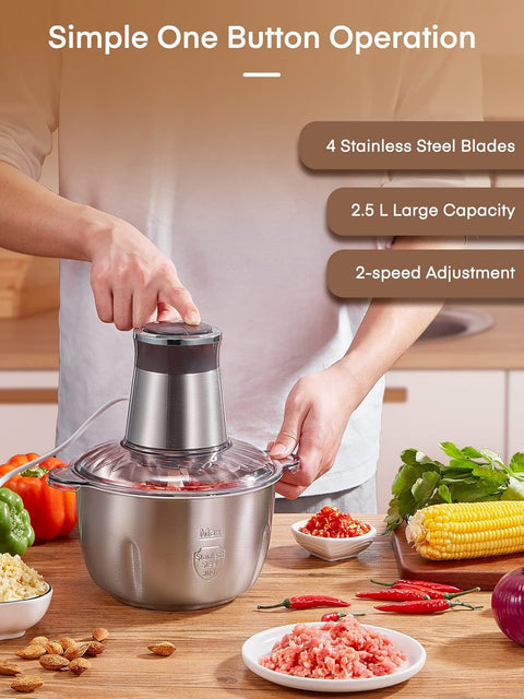 Hakmolen - Elektrische Hakmolen - Foodprocessor Multifunctionele - met 2 Snelheden - 2.5L RVS Kom - 4 RVS Messen - voor Vlees - Uien - Groenten - 350W - Zilver