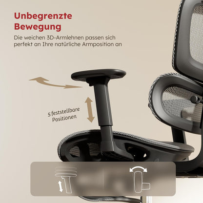 Ergonomische Bureaustoel – Kantoorstoel – Werkstoel – Draaistoel – Mesh Stoel – Volledig Mesh Ontwerp – Verwijderbaar Zitkussen – Uittrekbare Voetensteun – Verstelbare Rugleuning – 3D Armleuningen – Donkergrijs