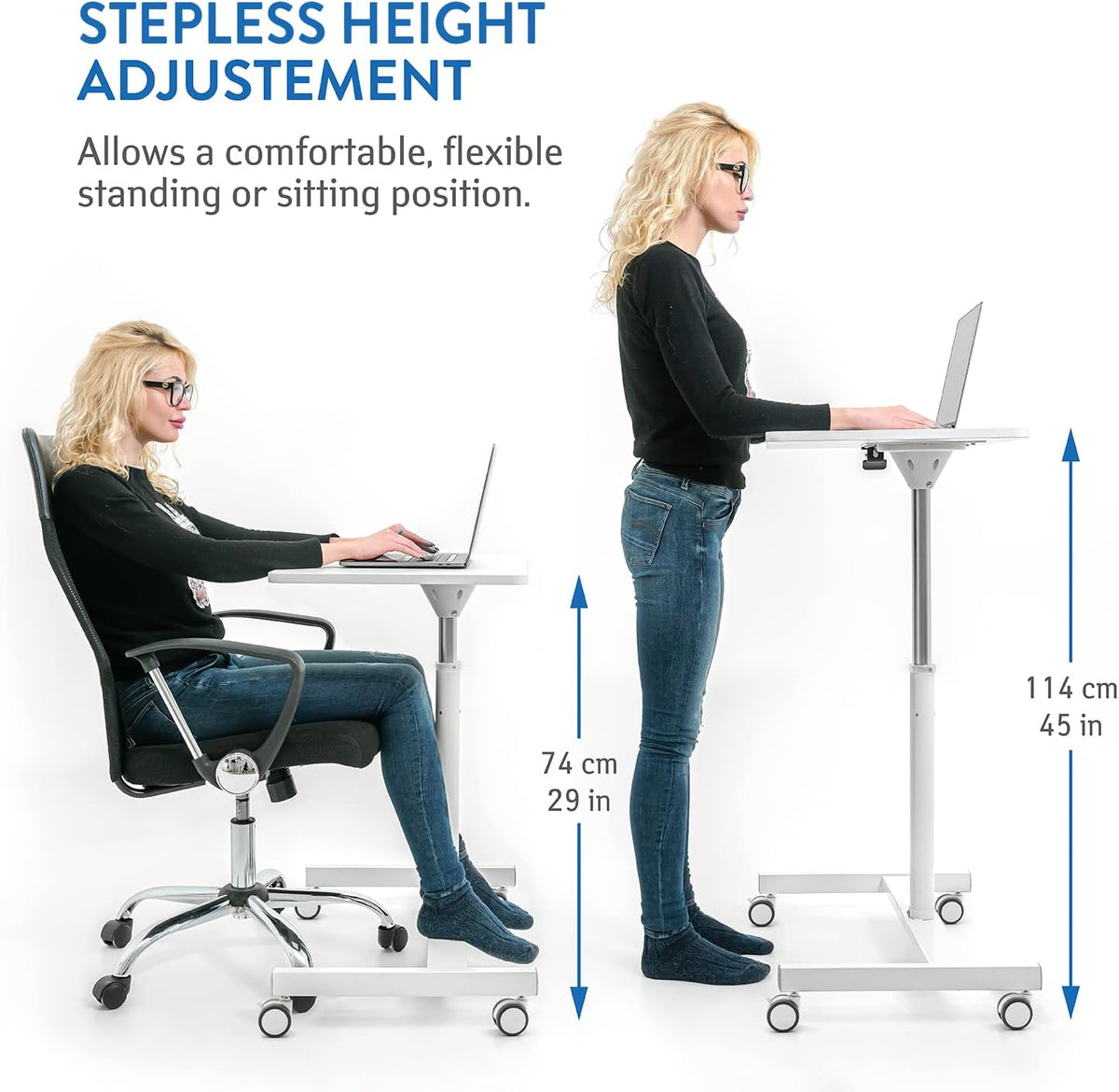 Tatkraft Trend Airlift pneumatisch zit-sta laptopbureau met wielen, verstelbare hoogte 74-114 cm Moeiteloze gasliftregeling, thuiskantoor mobiele laptopstandaard, Wit