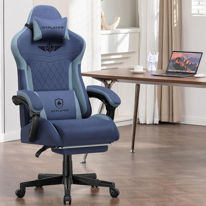 GTPLAYER Gaming Chair, Ergonomic Gamer Chair Made of Faux Leather Fabric with Lumbar Support, PC Chair with Widened Backrest, Maximum Load 150 kg, Dark Blue - QUORE