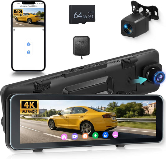 Spiegel-Dashcam – Achteruitkijkspiegel Dashcam, Spiegel Dashcam, Autocamera, Achteruitrijcamera – 10,88 Inch Touchscreen – 4K Voorcamera + 1080p Achtercamera