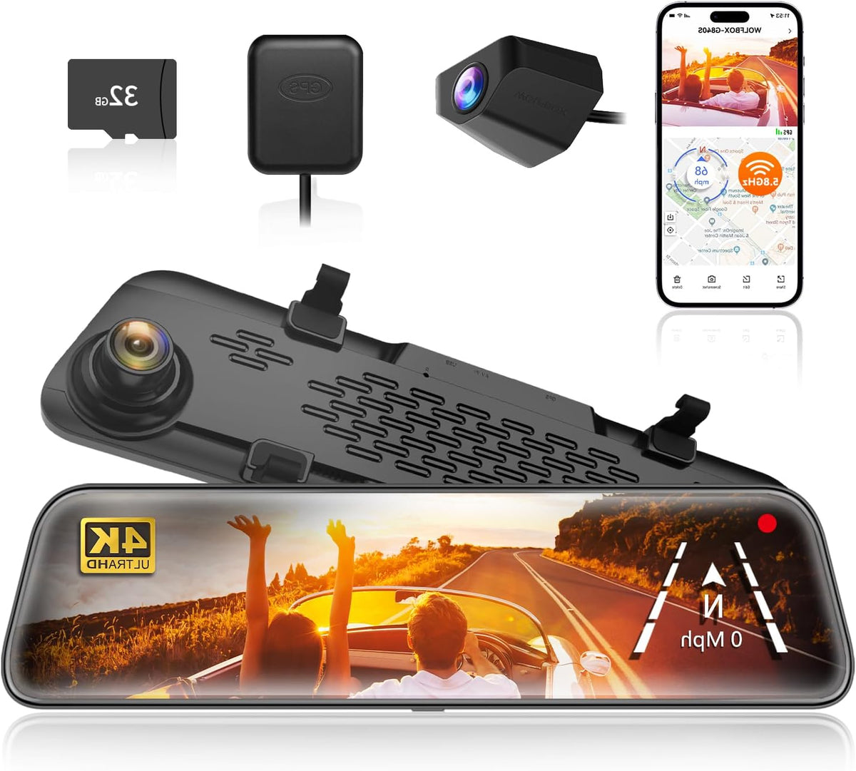 Spiegel Dashcam – Rearview Camera – Auto Camera – Dashcam Met Scherm – Achteruitkijkspiegel Camera – 12 Inch IPS Full Touch Screen – Dual 2160P Full HD Nachtzicht - QUORE