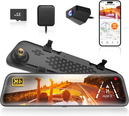 Spiegel Dashcam – Rearview Camera – Auto Camera – Dashcam Met Scherm – Achteruitkijkspiegel Camera – 12 Inch IPS Full Touch Screen – Dual 2160P Full HD Nachtzicht - QUORE