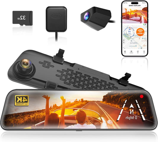 Spiegel Dashcam – Rearview Camera – Auto Camera – Dashcam Met Scherm – Achteruitkijkspiegel Camera – 12 Inch IPS Full Touch Screen – Dual 2160P Full HD Nachtzicht - QUORE