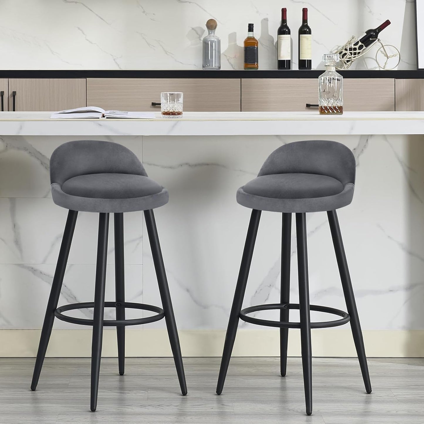 Barkruk Set van 2 - Stoel - Kleine stoel - Keukenstoel - 37,5 cm x 34 cm - Donkergris - QUORE