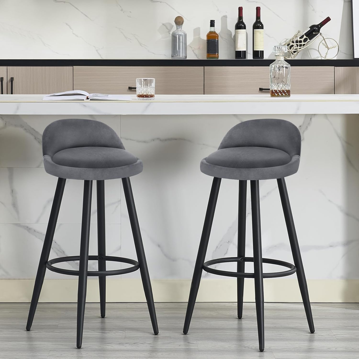 Barkruk Set van 2 - Stoel - Kleine stoel - Keukenstoel - 37,5 cm x 34 cm - Donkergris - QUORE