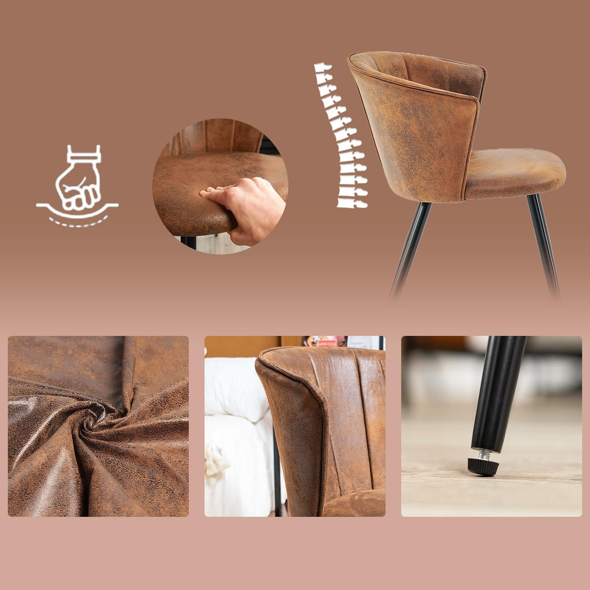 MEUBLE COSY Eetkamerstoelen, set van 4 keukenstoelen, retro, gestoffeerd, met armleuning, vintage kunstsuède zitting, metalen poten, bruin, 55x58x75,5cm